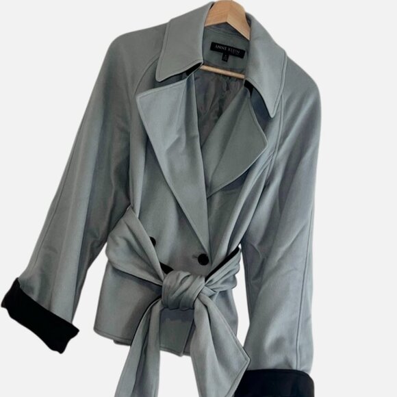 Anne Klein Sky Blue and Brown 100% Cashmere Belted Lined Jacket Size 4 - Picture 1 of 12